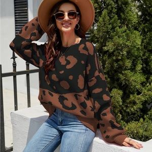 NWT Leopard Ribbed Trim Dropped Shoulder Sweater